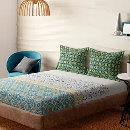 Portico Blue & White Geometric 210 TC Bedsheet with 2 Pillow Covers-image-20