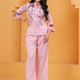 all about you Embroidered Mandarin-Collar Top With Trousers Co-Ords-picture-49