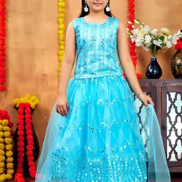 Sangria Girls Turquoise Blue Net Lehenga Choli-image-71