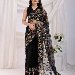 HERE&NOW Floral Embroidered Net Saree-27