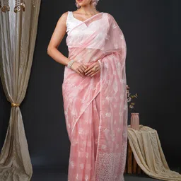 Anouk Floral Embroidered Organza Party Wear Saree with Matching Blouse-10