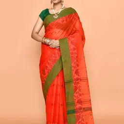 PUKU Women Ethnic Motifs Patchwork Pure Cotton Handloom Taant Saree-picture-24