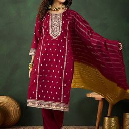 Sangria Round Neck Embroidered Straight Kurta Set-image-38