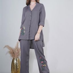 MODA-Q Embroidered Mandarin Neck Shirt With Trousers Co-Ords-image-47