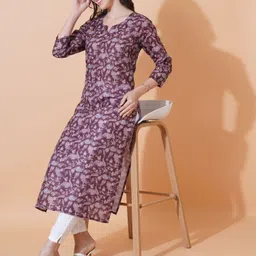 FebQ Floral Printed Notch Neck Pure Cotton Kurta-image-1
