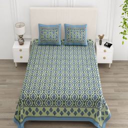 tundwal's Green & Blue Floral Printed Cotton 210 TC King Bedsheet Set 2.43m x 2.64m-image-53