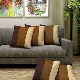 Blue Grass Coffee Brown & Beige Set Of 5 Striped Silk Square Cushion Covers-image-77