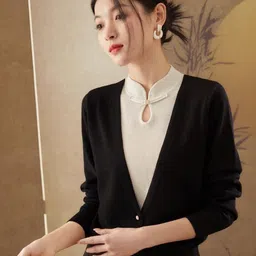KPOP Women Solid V-Neck Cardigan-image-89