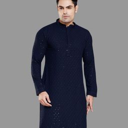 PulseIQ Navy Blue Viscose Rayon Solid Kurta Sets-image-0