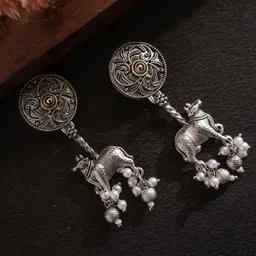 PANASH Silver-Plated Artifical Beaded Animal Shaped Oxidised Drop Earrings-64