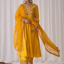 Indo Era Women Floral Embroidered Pleated Liva A-Line Kurta with Palazzos & With Dupatta-image-51