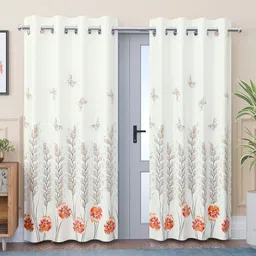 Kuber Industries White & Orange 2 Pieces Floral Printed Door Curtain-image-20