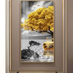 THE NEXT DECOR Yellow & Grey Tree Oasis Glass Finish Vertical Wall Art-18
