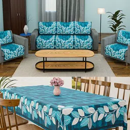 Aura Blue & White 11 Pieces Printed Velvet 5 Seater Sofa Cover & Table Covers-picture-33