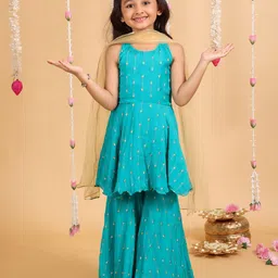 MASTARANG Grils Floral Embroidered Thread Work Sleeveless Kurta & Sharara With Dupatta-70