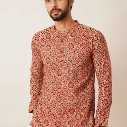 JAYPORE Geometric Printed Band Collar Cotton Straight Kurta-image-31
