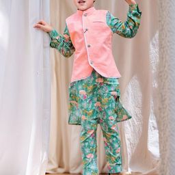 Mamma's Bear Boys Floral Printed Pure Cotton Kurta with Pyjamas & Nehru Jacket-17