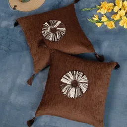 SOKNACK Coffee Brown & White Set of 2 Embroidered Velvet Square Cushion Covers-image-12