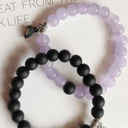 Rodya Unisex Purple & Black Elasticated Couple Bracelet Set with Dangling Heart-27