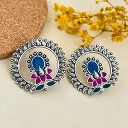 Zeviel Silver-Plated Artificial Stones Studded Oxidised Floral Shaped Studs-picture-26