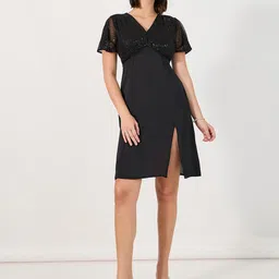 Styli Women Embellished V-Neck Bell Sleeve A-Line Above Knee Dress With Slit-image-38