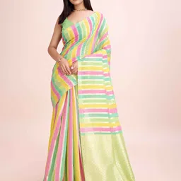 ZIKARAA Striped Zari Pure Silk Banarasi Saree-image-77