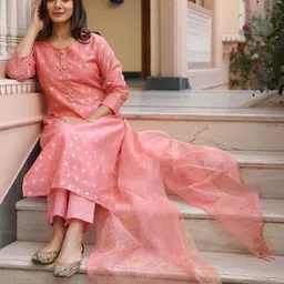 HETVI CREATION Woven Design Chanderi Silk Kurta With Trousers & Dupatta image 2
