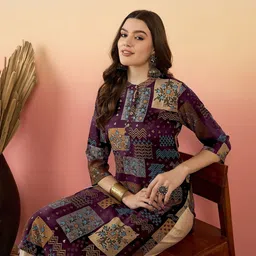 Anouk Purple and Blue Band Collar Floral Printed Straight Kurta-image-18