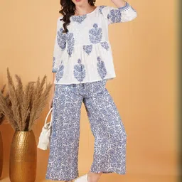 kalini COTLAND FASHION Women White Blue Pure Cotton Co-Ord Set-picture-6