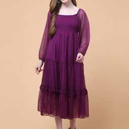 Charitra Women Self Design Smocked Georgette Fit And Flare Midi Dress-picture-18