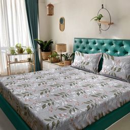 Myntra Elegant Homes Grey & Green Floral Cotton 400 TC King Bedsheet Set 2.70 m x 2.70 m-image-43