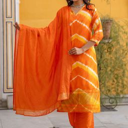 ASPORA Leheriya Dyed V-Neck Pure Silk Straight Kurta With Trousers & Dupatta-10