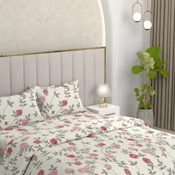 Pure Decor White & Pink 4 Pieces Floral Printed Double King Superfine Bedding Set-image-11