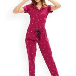 Lotik Women Geometric Printed Lapel Collar Top Pyjamas Night suit-image-69