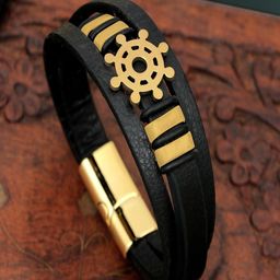 UNIVERSITY TRENDZ Men Leather Gold-Plated Wraparound Bracelet-image-58