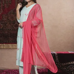 GoSriKi Floral Embroidered Thread Work V-Neck Straight Kurta With Trouser & Dupatta image 1