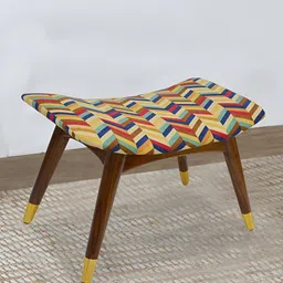 GLOBALLY INDIAN Yellow & Brown Printed Wood Stool With Velvet Cushioned Seat-0