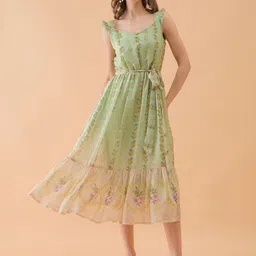OCTICS Floral Print Flutter Sleeve Georgette Fit & Flare Midi Dress-image-9