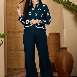 Sangria Embroidered Mandarin Collar Top with Palazzos Co-Ords-image-98