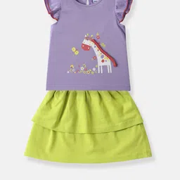 Nauti Nati Girls Graphic Printed Pure Cotton Ruffle Sleeve Top with Skirt-15
