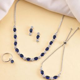 VOJ Silver Plated American Diamond Studded Jewellery Set With Ring & Bracelet-image-90