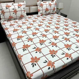 Pure Decor Orange & White Floral Queen Bedsheet with 2 Pillow Covers-picture-40