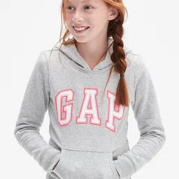 GAP Girls Brand Logo Printed With Kangaroo Pockets Hooded Sweatshirt-image-81
