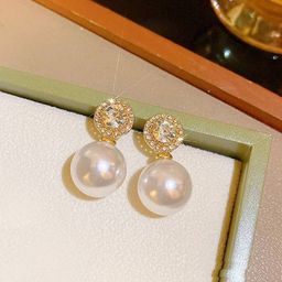 Celestique Cubic Zirconia Studded Pearl Beaded Circular Shaped Drop Earrings-2