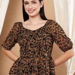 Moda Rapido Animal Print Sweetheart Neck Puff Sleeve Georgette Peplum Top-image-78