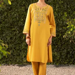 Lakshita Women Mustard Embroidered Cotton Co-Ords Set-image-93