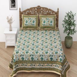 Desi Mantra Green & White Floral 120 TC Queen Bedsheet with 2 Pillow Covers-image-22