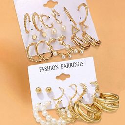 GOLDIWALA Set Of 15 Gold Plated Pearls Beaded Contemporary Half Hoop Earrings-8