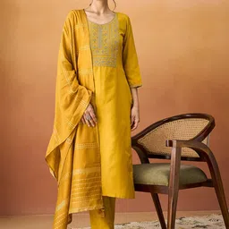 KALINI Ethnic Motifs Yoke Design Thread Work Straight Kurta With Trousers & Dupatta-1