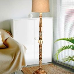 homesake Royal Carving Wooden Floor Lamp with Fabric Yellow Shade, Antique White Finish-picture-49